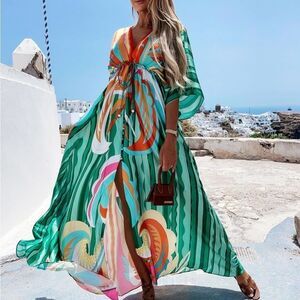 Flax Maker‎ V-neck Short Sleeve Printed Dress Green NWT IN PACKAGE